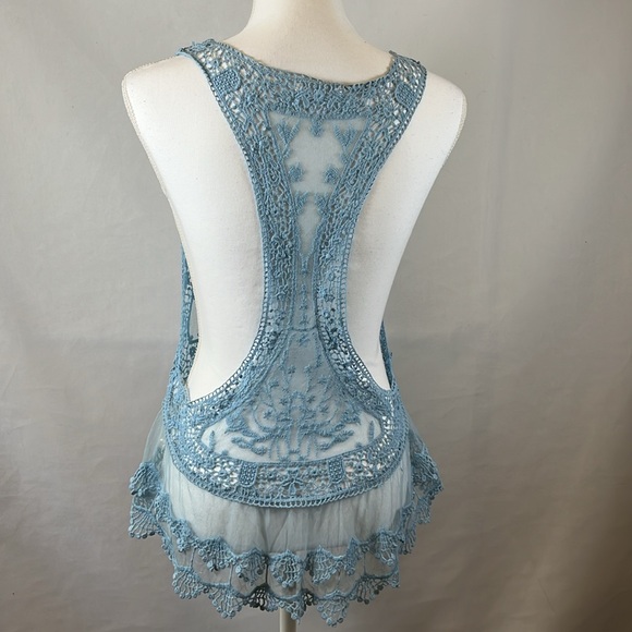 Venus Sheer Blue Lace Sleeveless Top Boho Festival Romantic Cottagecore - Picture 4 of 8